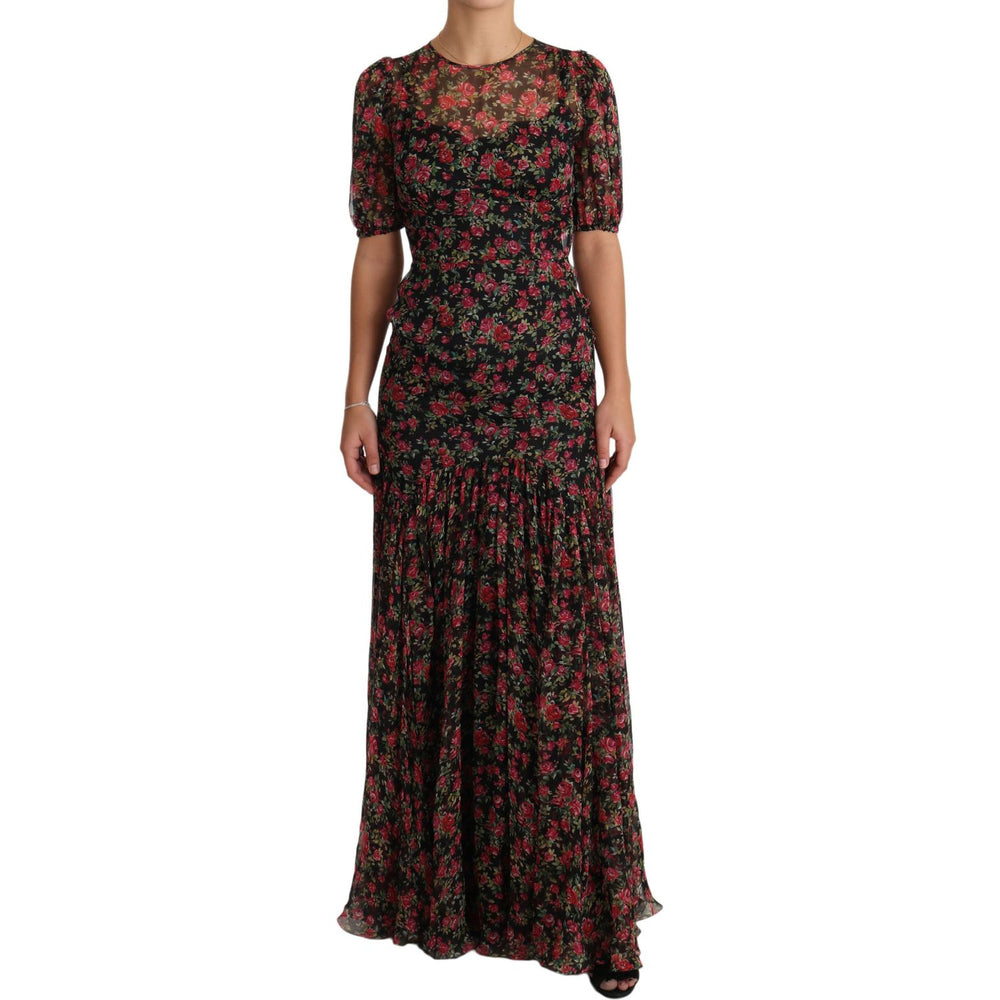 Dolce & Gabbana Black Floral Roses A-Line Shift Gown Dress DR1904-38