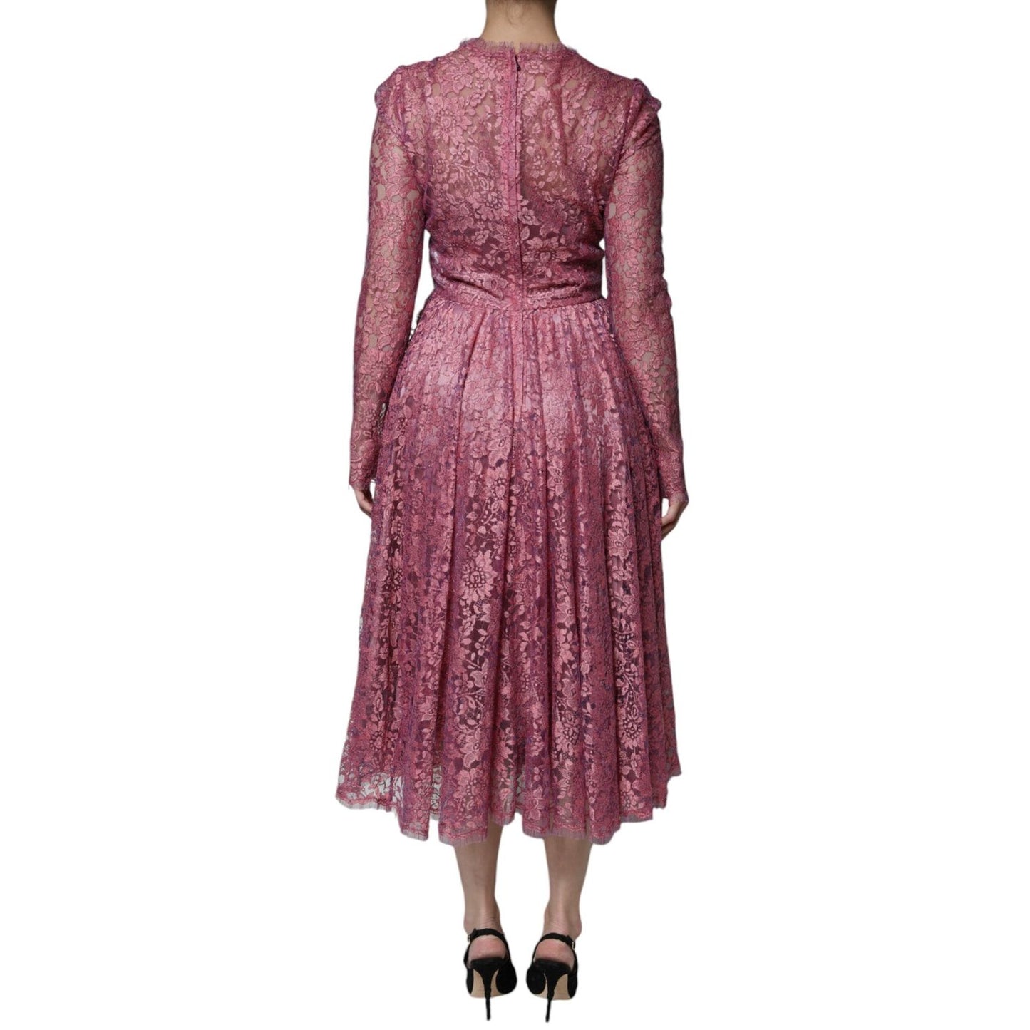Dolce & Gabbana Pink Floral Lace Long Sleeve Midi Dress DR81764-48
