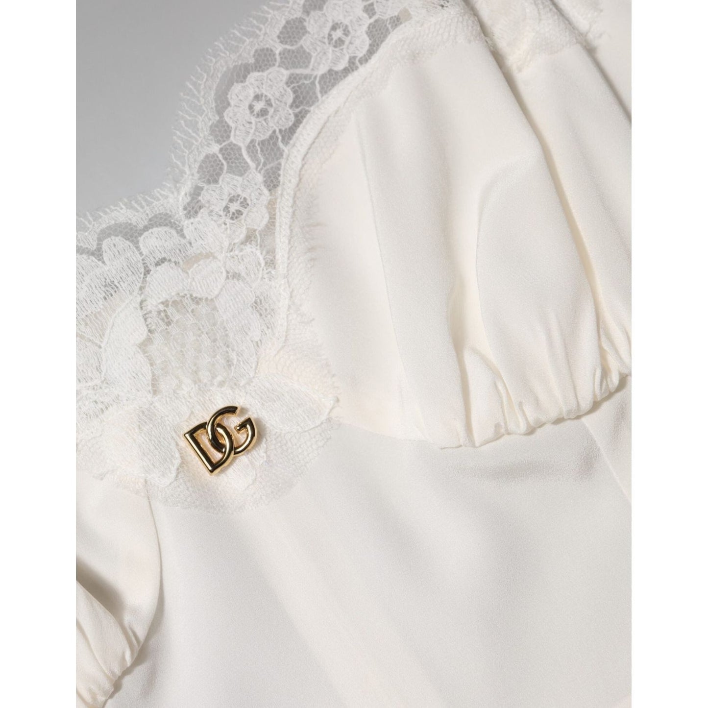 Dolce & Gabbana White Lace DG Logo Silk Dress Sleepwear