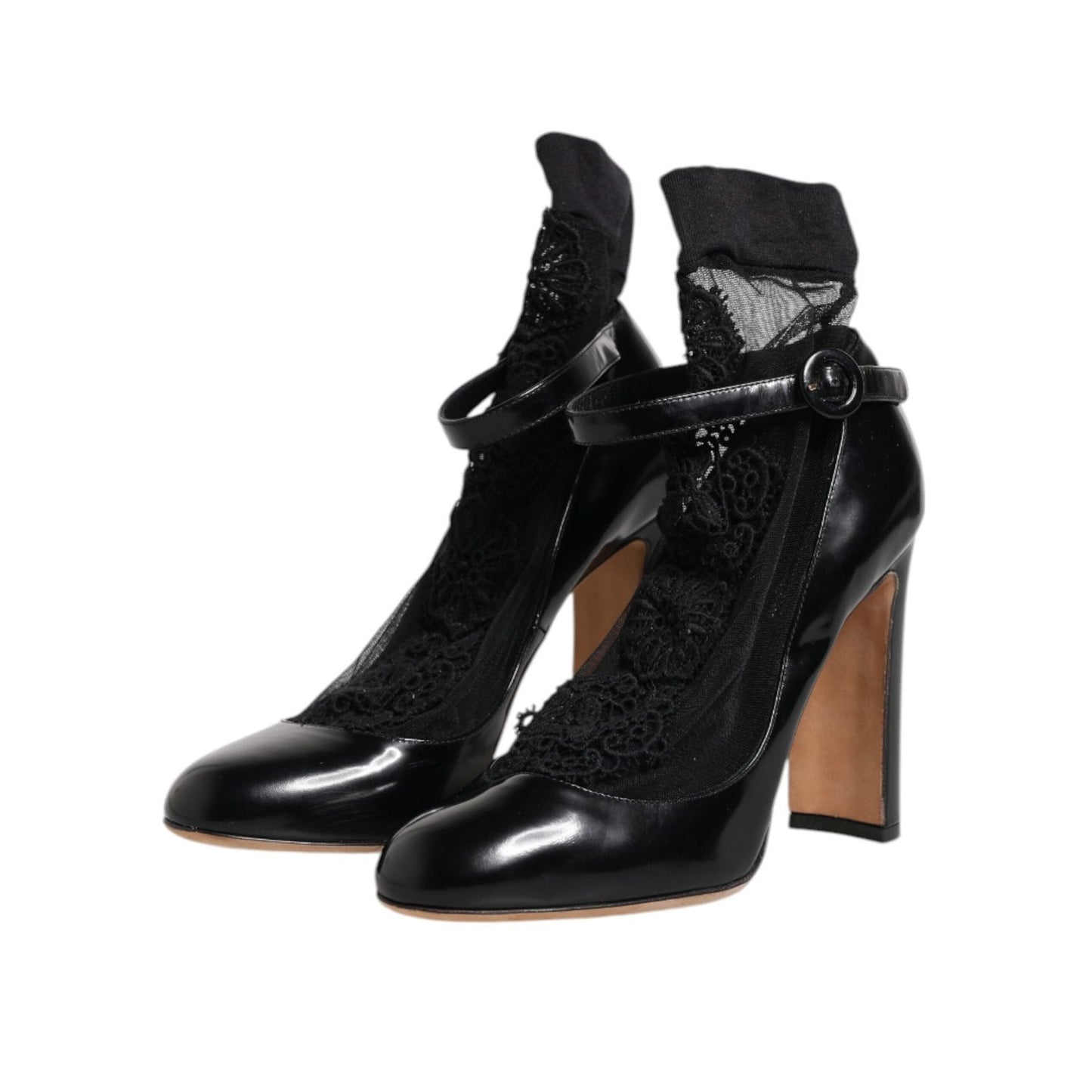 Dolce & Gabbana Black Leather Lace Socks Heels Pumps Shoes LA12763-39