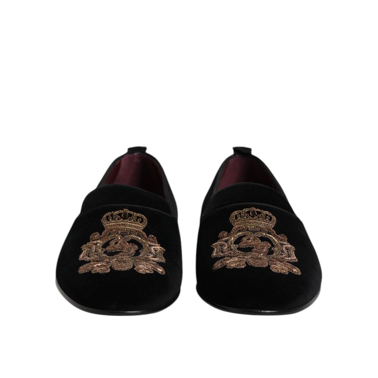Dolce & Gabbana Black Velvet Gold Crown Mens Loafers Shoes MV7628-48