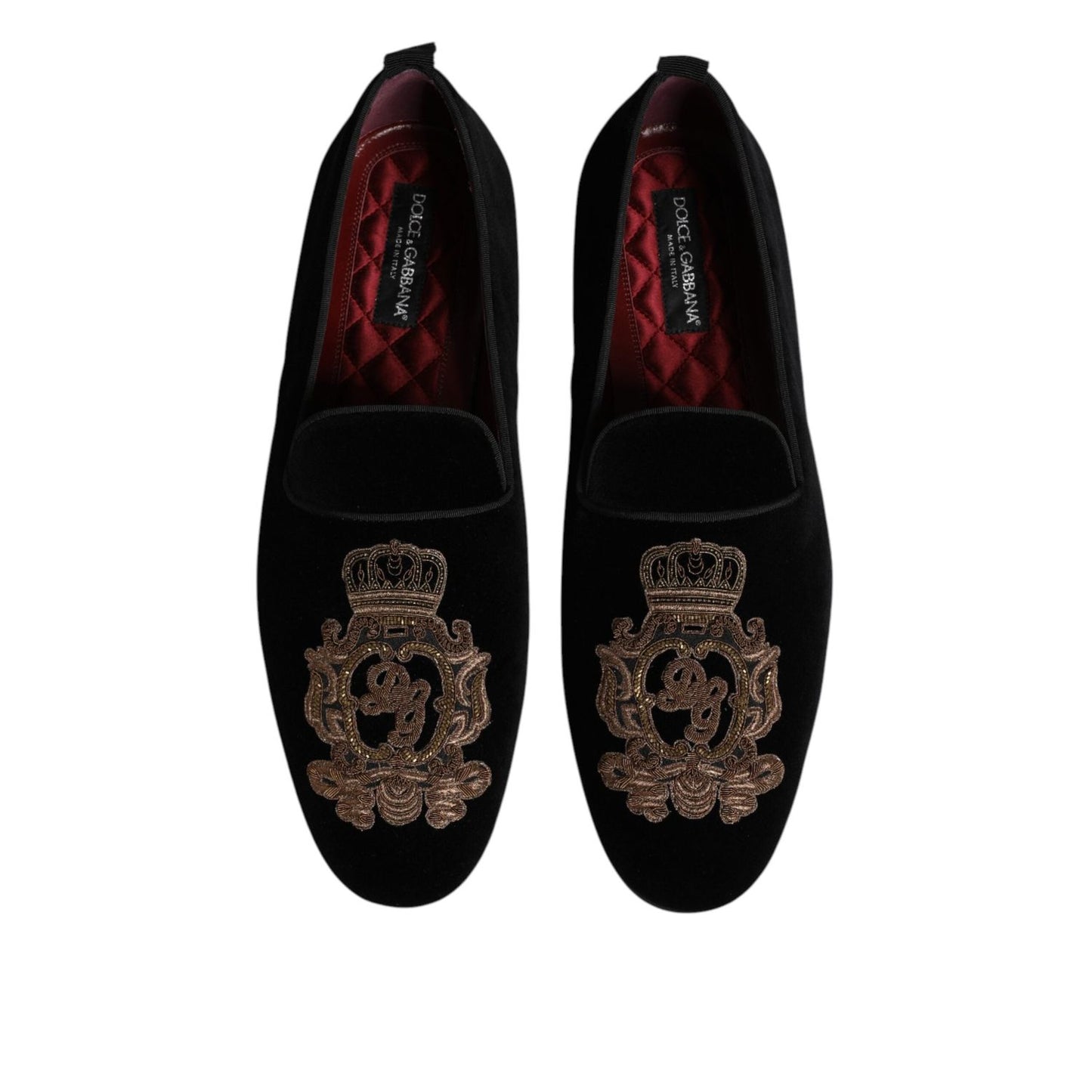 Dolce & Gabbana Black Velvet Gold Crown Mens Loafers Shoes MV7628-48