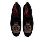 Dolce & Gabbana Black Velvet Gold Crown Mens Loafers Shoes MV7628-48