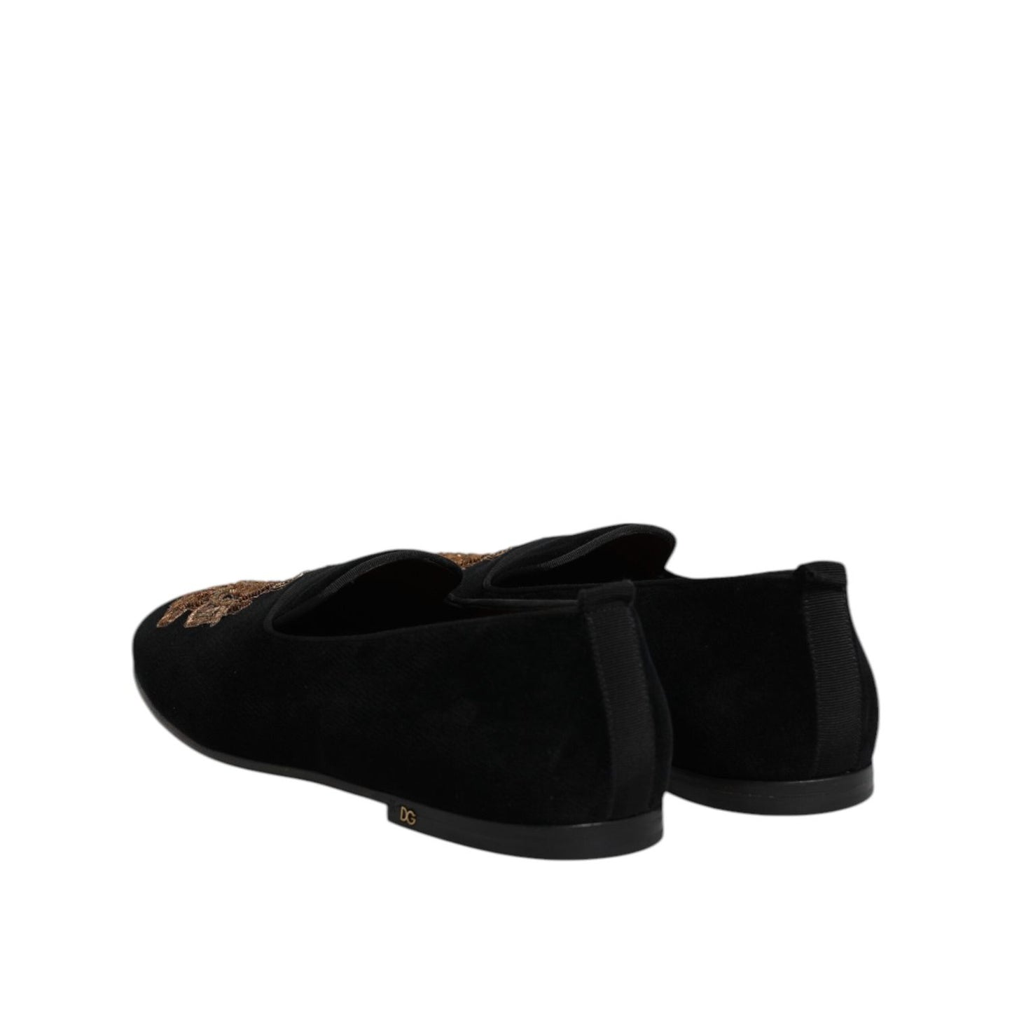 Dolce & Gabbana Black Velvet Gold Crown Mens Loafers Shoes MV7628-48
