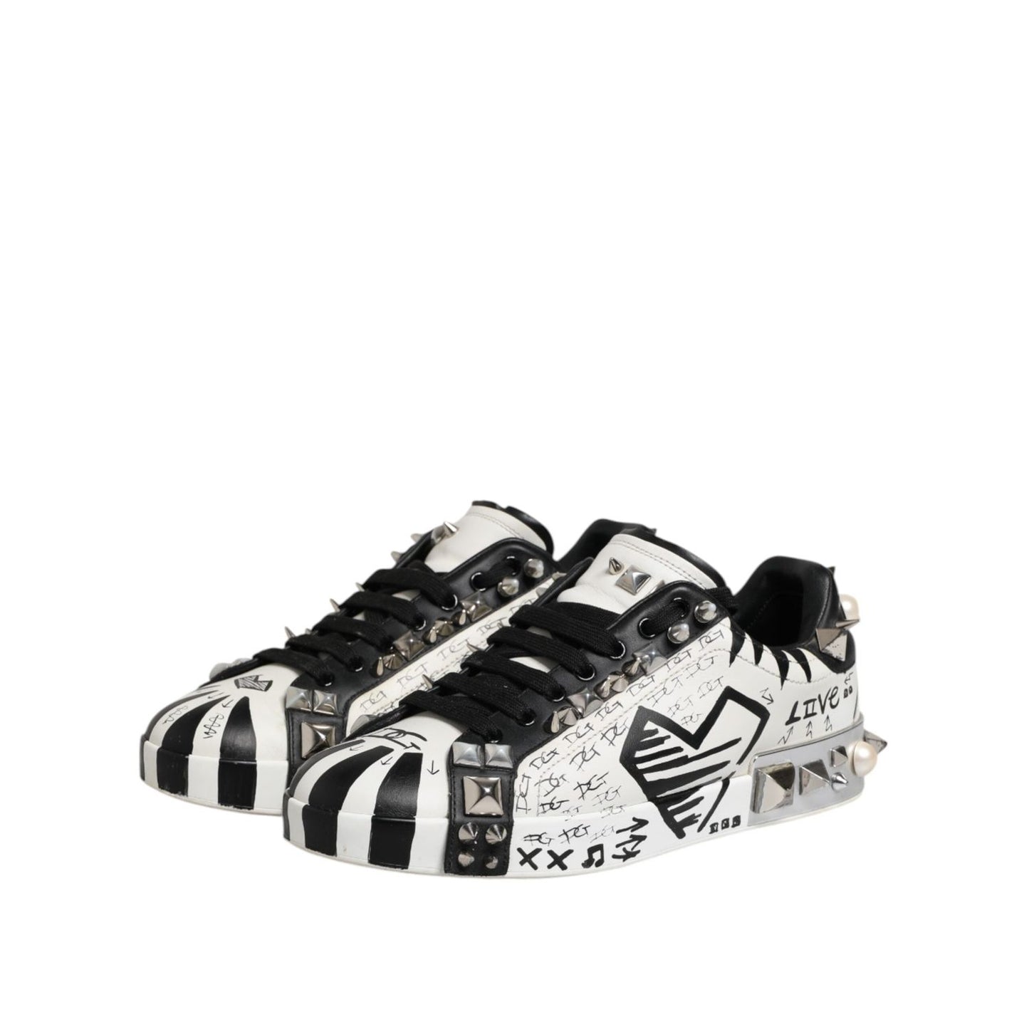 Dolce & Gabbana Black White Studded Low Top Sneakers Shoes MV7600-41
