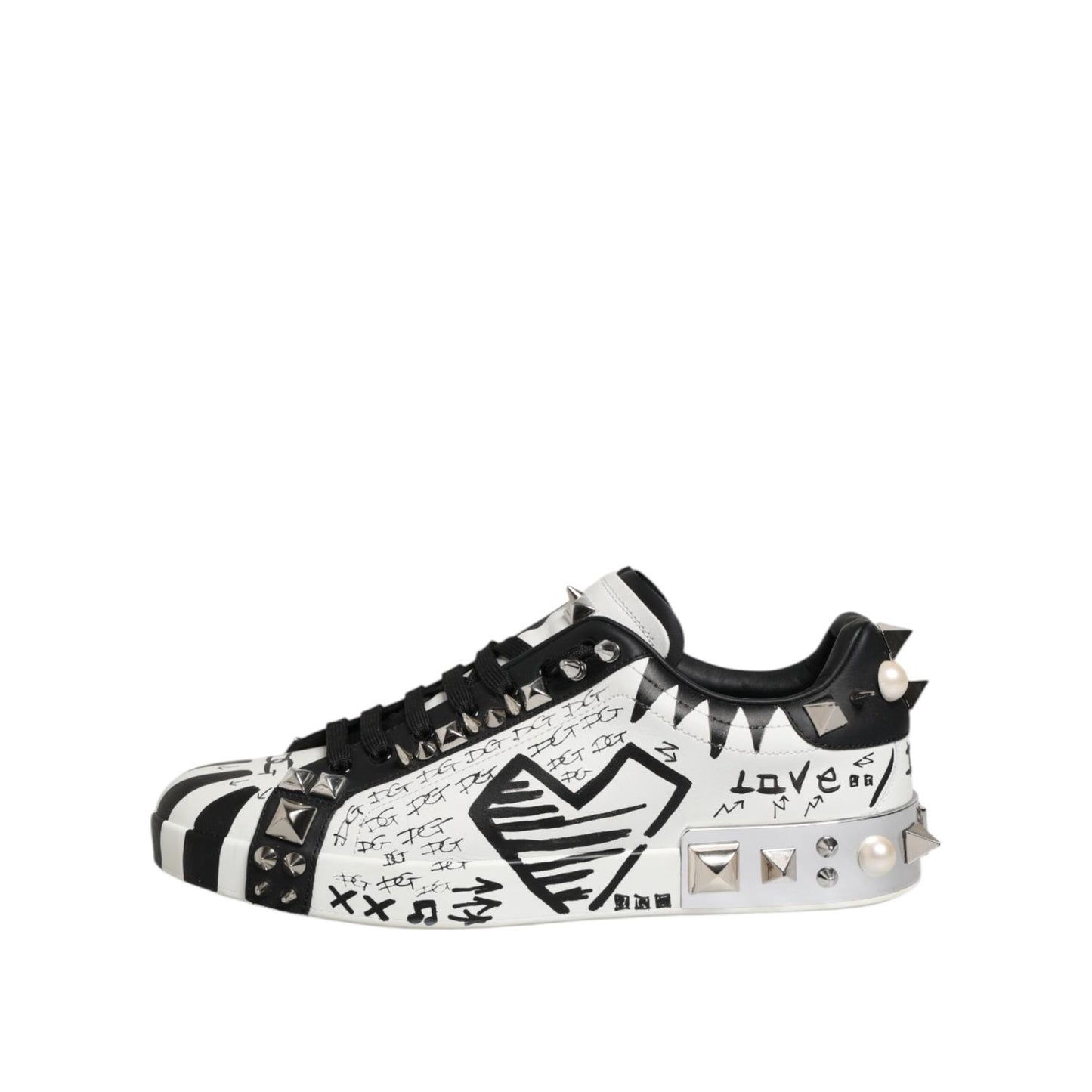 Dolce & Gabbana Black White Studded Low Top Sneakers Shoes MV7739-43