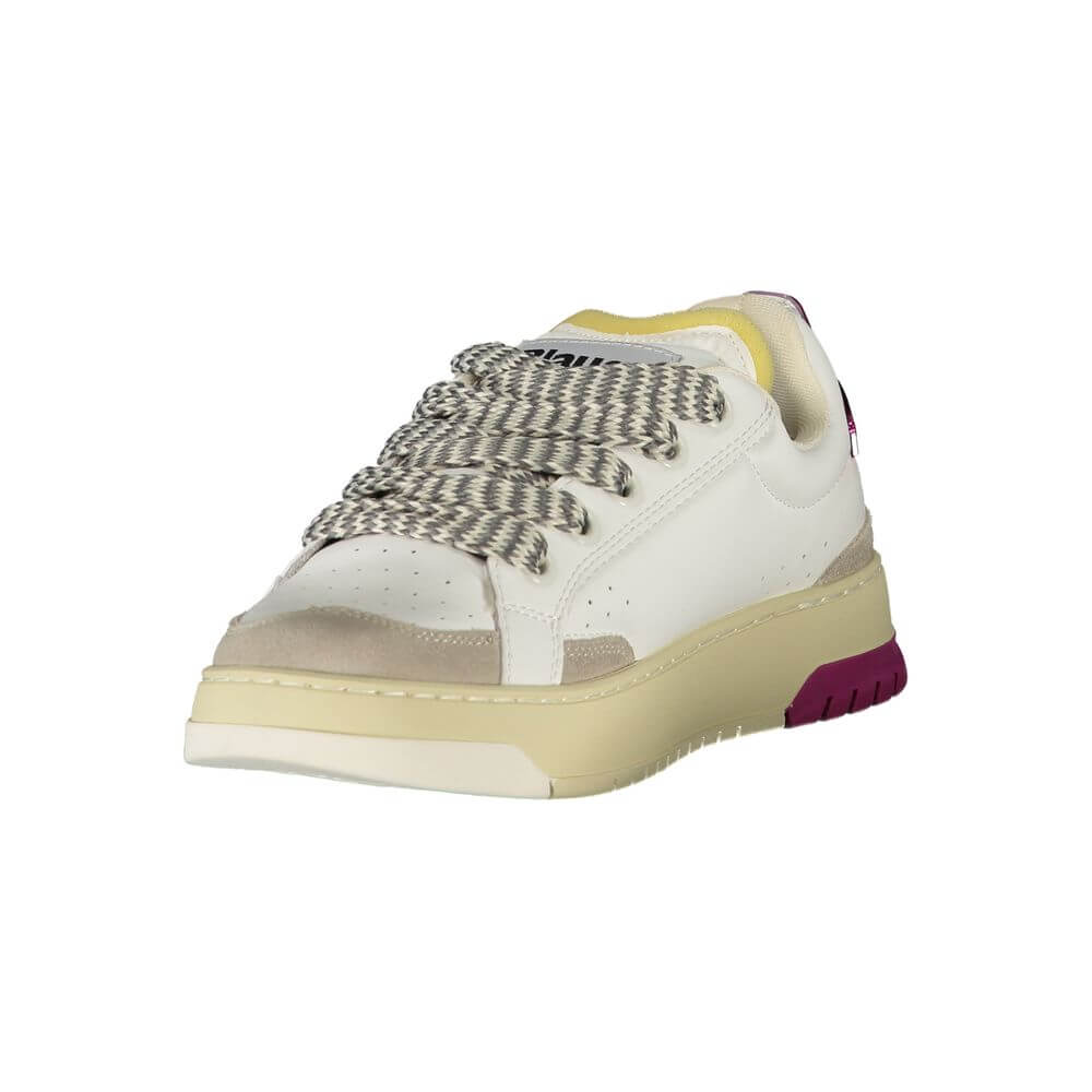 Blauer White Leather Women Sneaker with grey and fuchsia accents, sporty design, removable insole, and bold Blauer logo.
