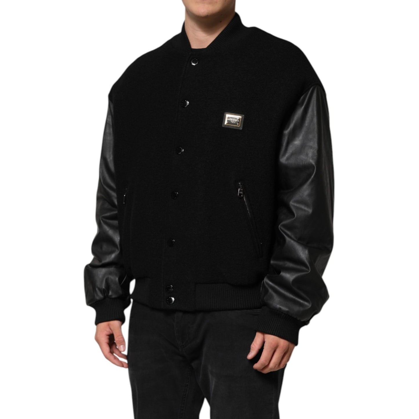 Dolce & Gabbana Black Wool Logo Plaque Bomber Jacket JKT41519-56