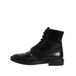 Dolce & Gabbana Black Leather Lace Up Mid Calf Boots Shoes MV7374-41