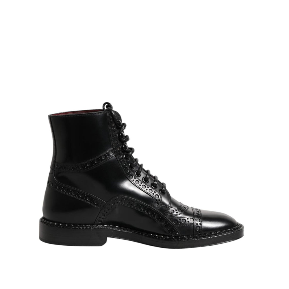 Dolce & Gabbana Black Leather Lace Up Mid Calf Boots Shoes MV7374-41