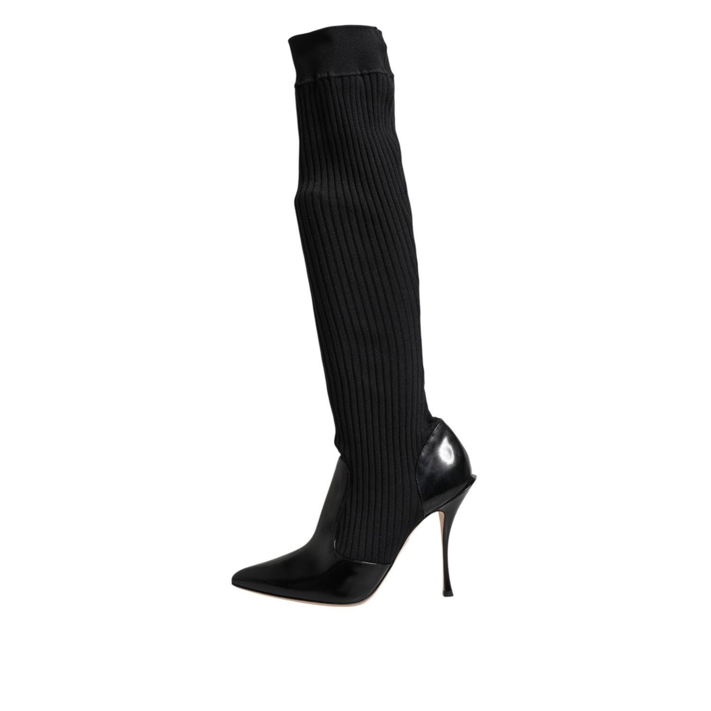 Dolce & Gabbana Black Leather Ribbed Knit Knee Boots Shoes LA11448-40