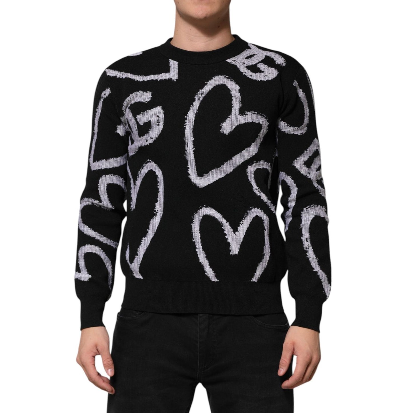 Dolce & Gabbana Black Nylon Wool Heart Print Pullover Sweater TSH91269-XS