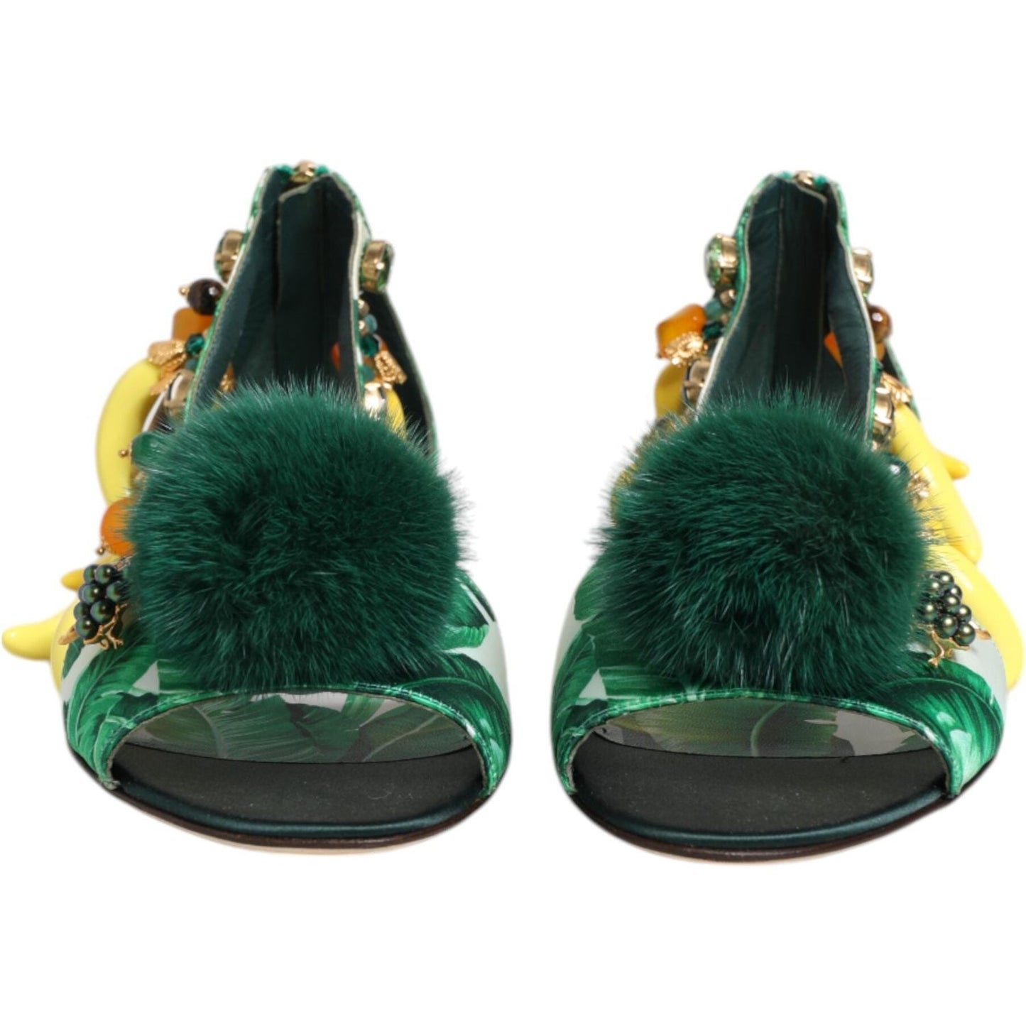 Dolce & Gabbana Green Mink Fur Satin Banana Leaf Sandals Shoes LA12817-35.5