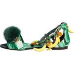 Dolce & Gabbana Green Mink Fur Satin Banana Leaf Sandals Shoes LA12817-35.5