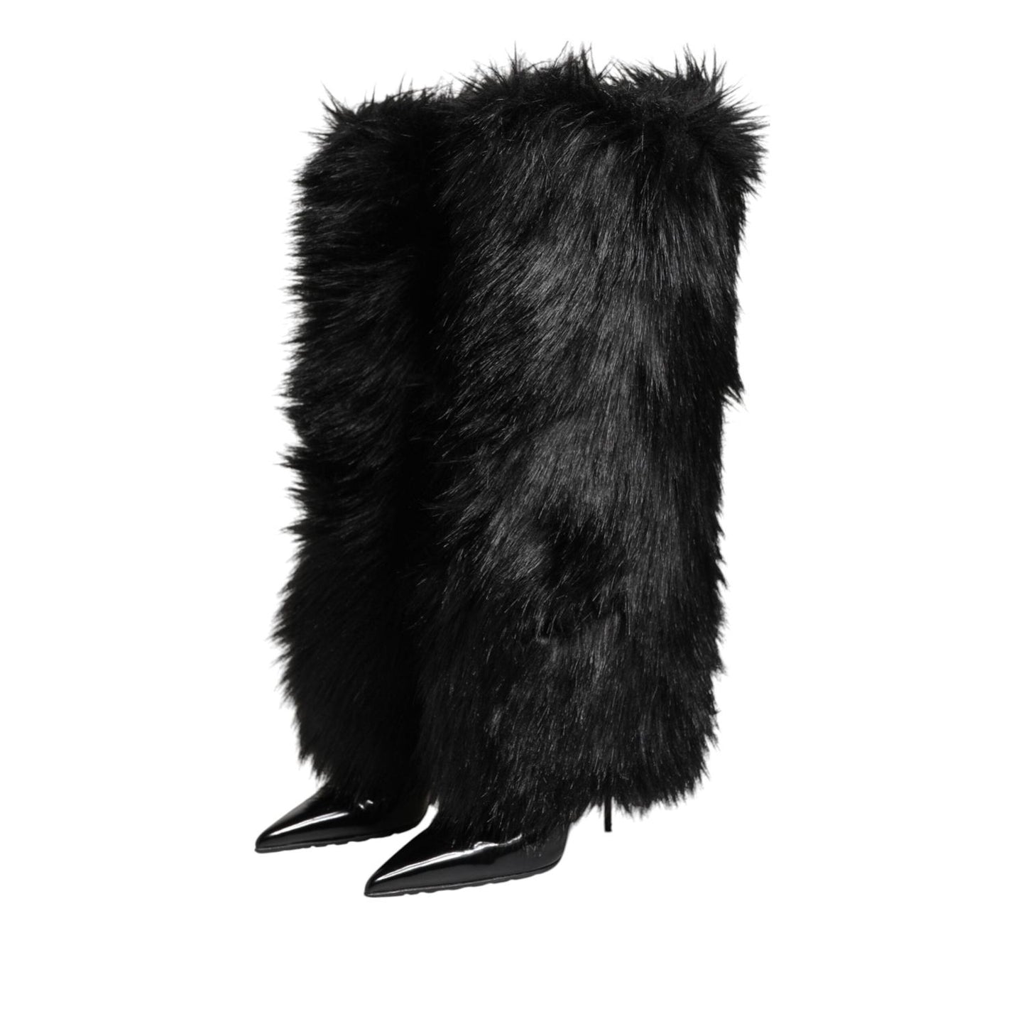 Dolce & Gabbana Black Faux Fur Pointed Knee High Stiletto Boots Shoes LA12891-39