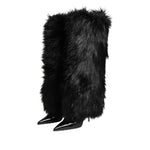 Dolce & Gabbana Black Faux Fur Pointed Knee High Stiletto Boots Shoes LA12891-39