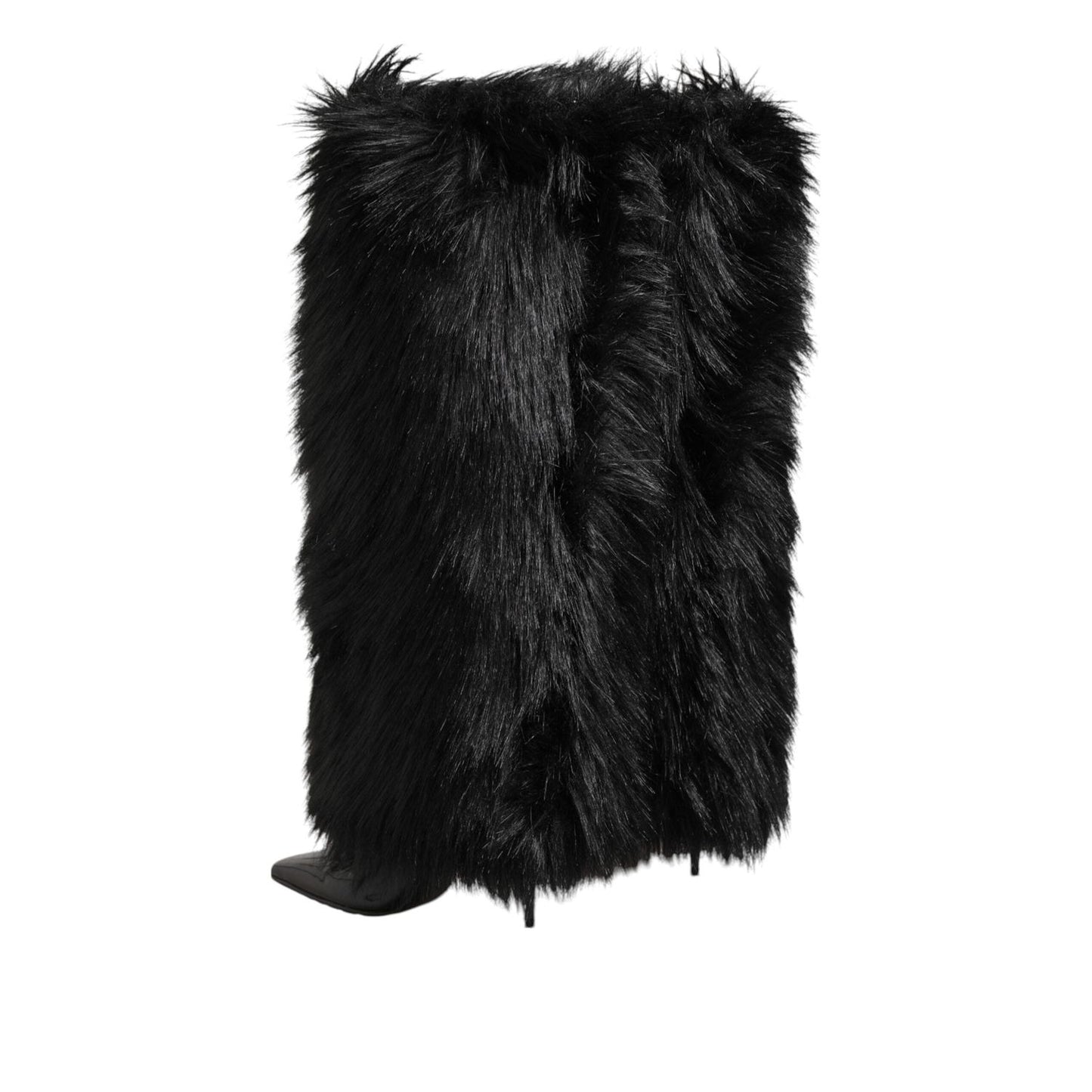 Dolce & Gabbana Black Faux Fur Pointed Knee High Stiletto Boots Shoes LA12891-39