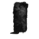 Dolce & Gabbana Black Faux Fur Pointed Knee High Stiletto Boots Shoes LA12891-39