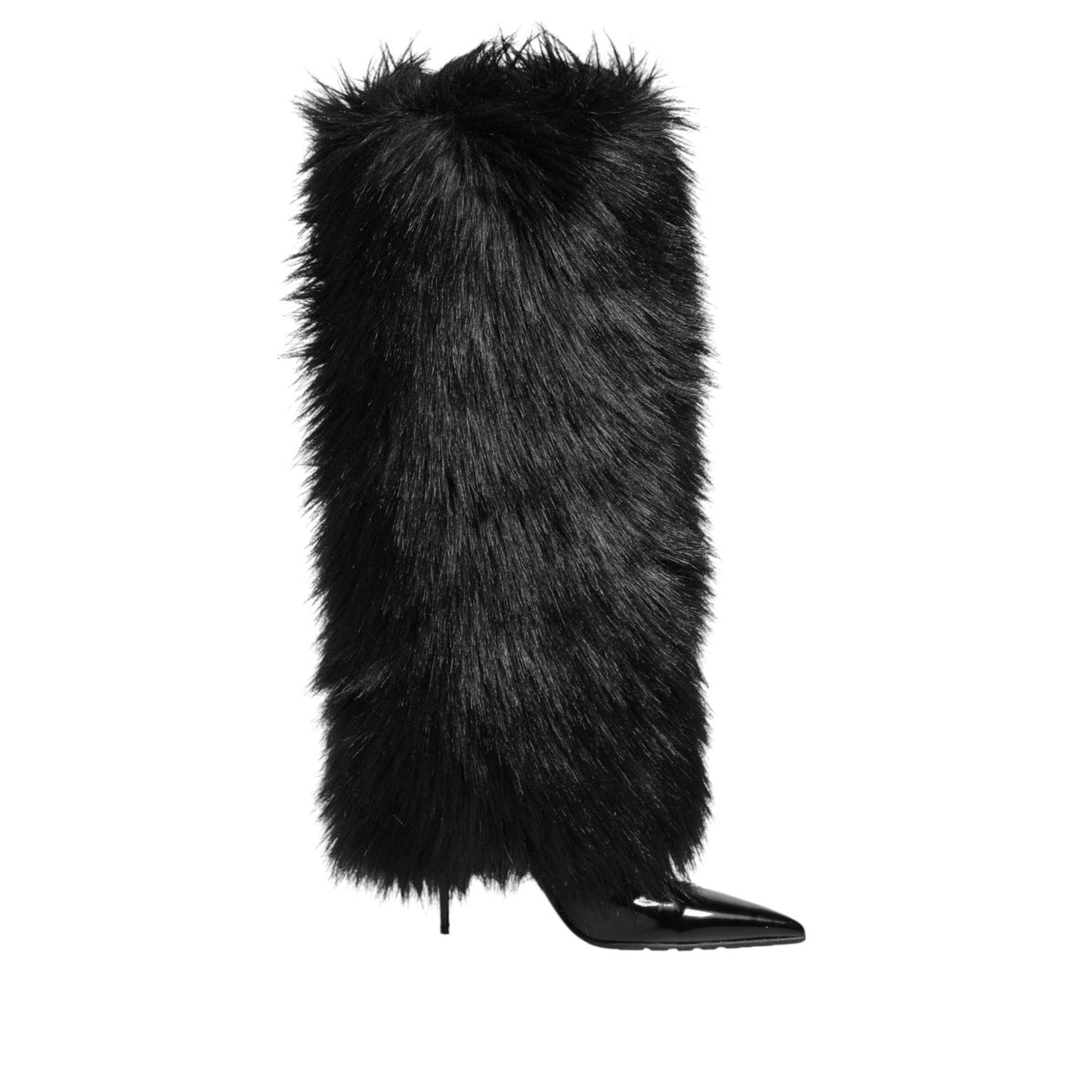 Dolce & Gabbana Black Faux Fur Pointed Knee High Stiletto Boots Shoes LA12891-39