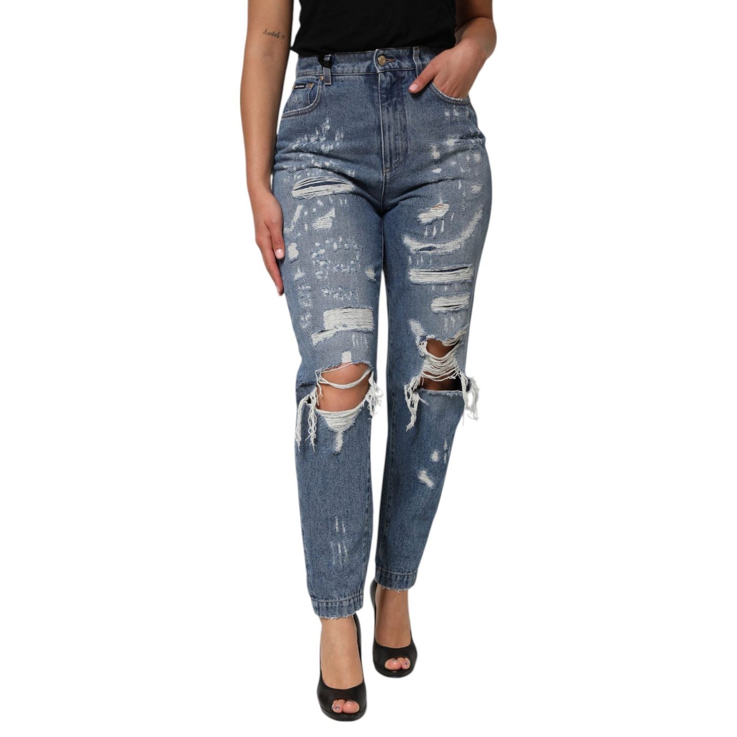 Dolce & Gabbana Blue Tattered High Waist Women Denim Jeans PAN76669-44