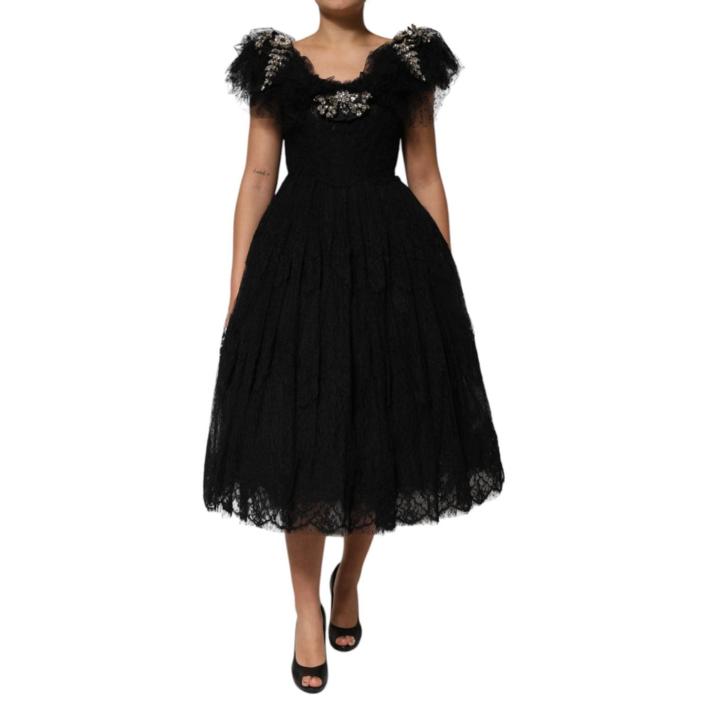 Dolce & Gabbana Black Crystal Embellished Midi A-line Dress DR28246-38