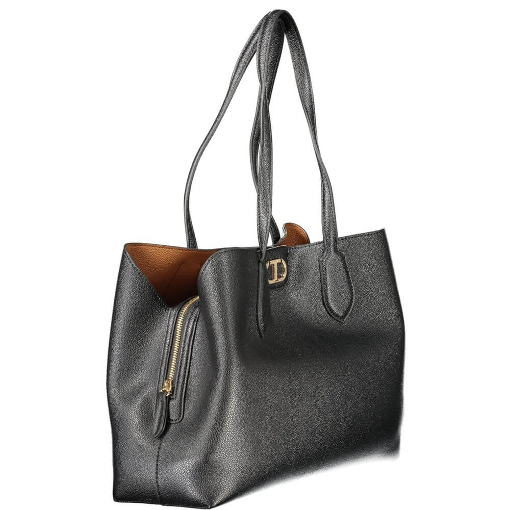 Twinset Black Polyethylene Women Handbag with dual compartments and central pocket showcasing elegant, durable design.