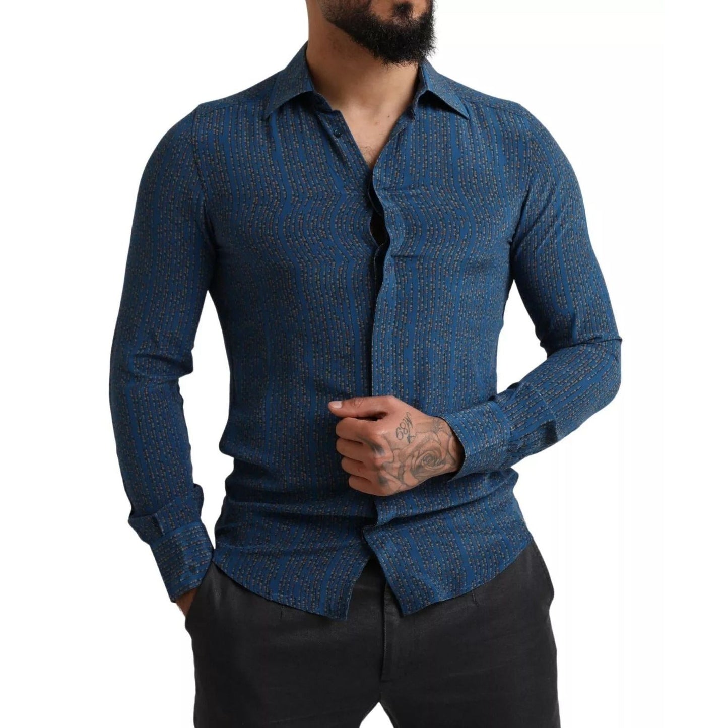 Dolce & Gabbana Blue MARTINI Silk Slim Fit Long Sleeves Shirt TSH84100-38