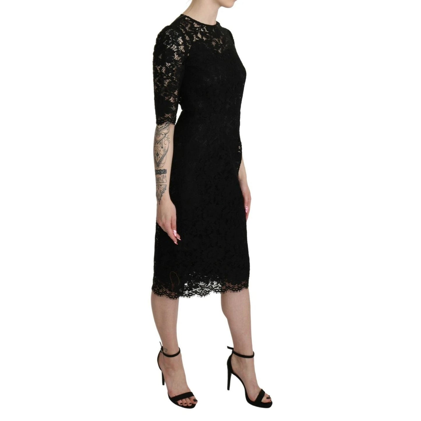 Dolce & Gabbana Black Floral Lace Sheath Knee Length Dress DR2616-40