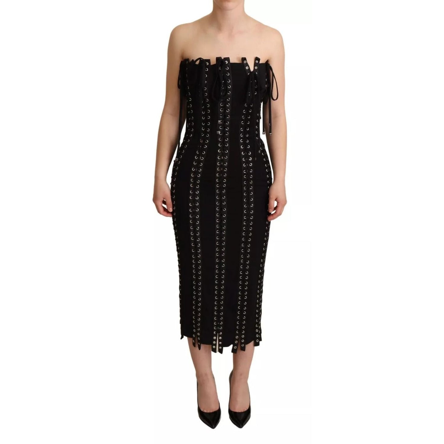 Dolce & Gabbana Black Cady Sleeveless Lace Up Bodycon Dress DR28050-36