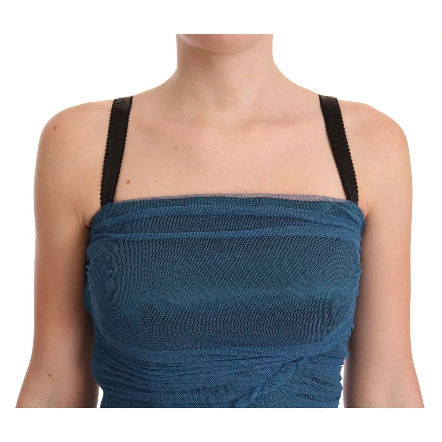 Dolce & Gabbana Blue Mesh Trim Ruched Tulle Sheath Dress DR28179-38