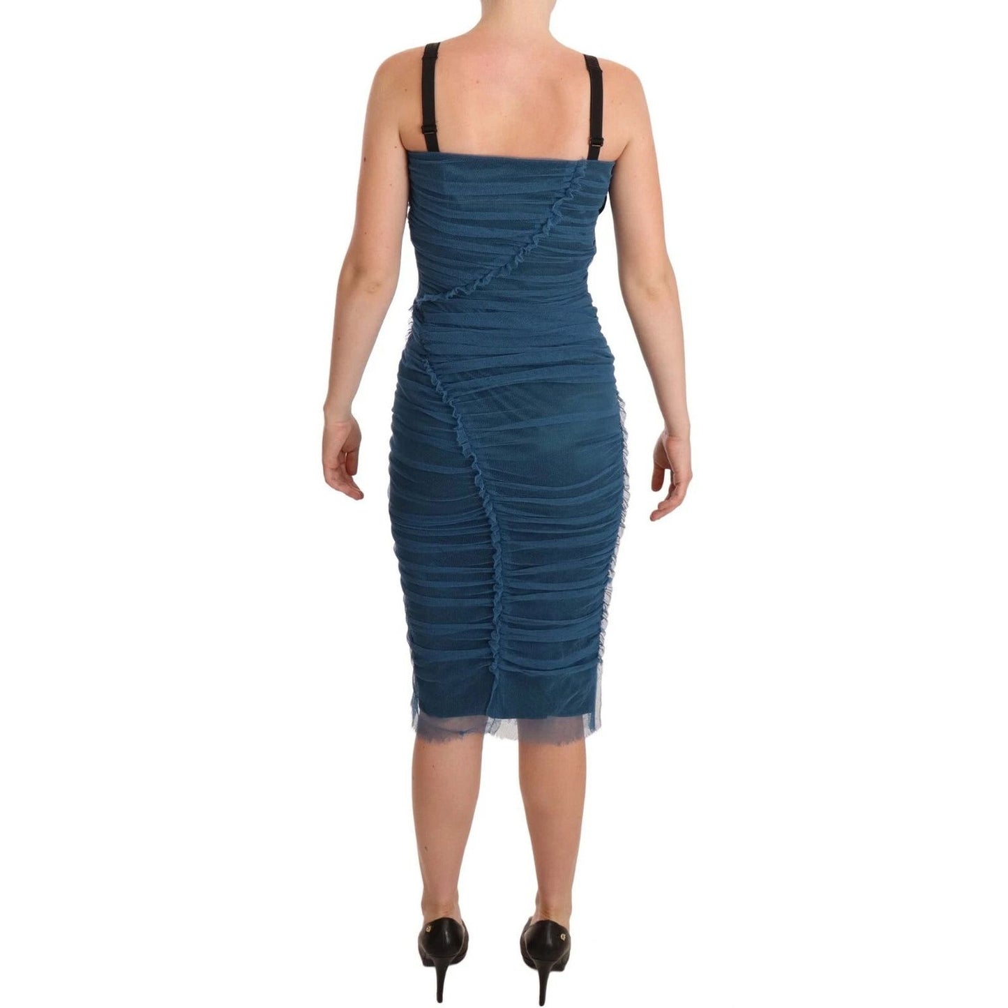 Dolce & Gabbana Blue Mesh Trim Ruched Tulle Sheath Dress DR28179-38
