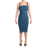 Dolce & Gabbana Blue Mesh Trim Ruched Tulle Sheath Dress DR28179-38