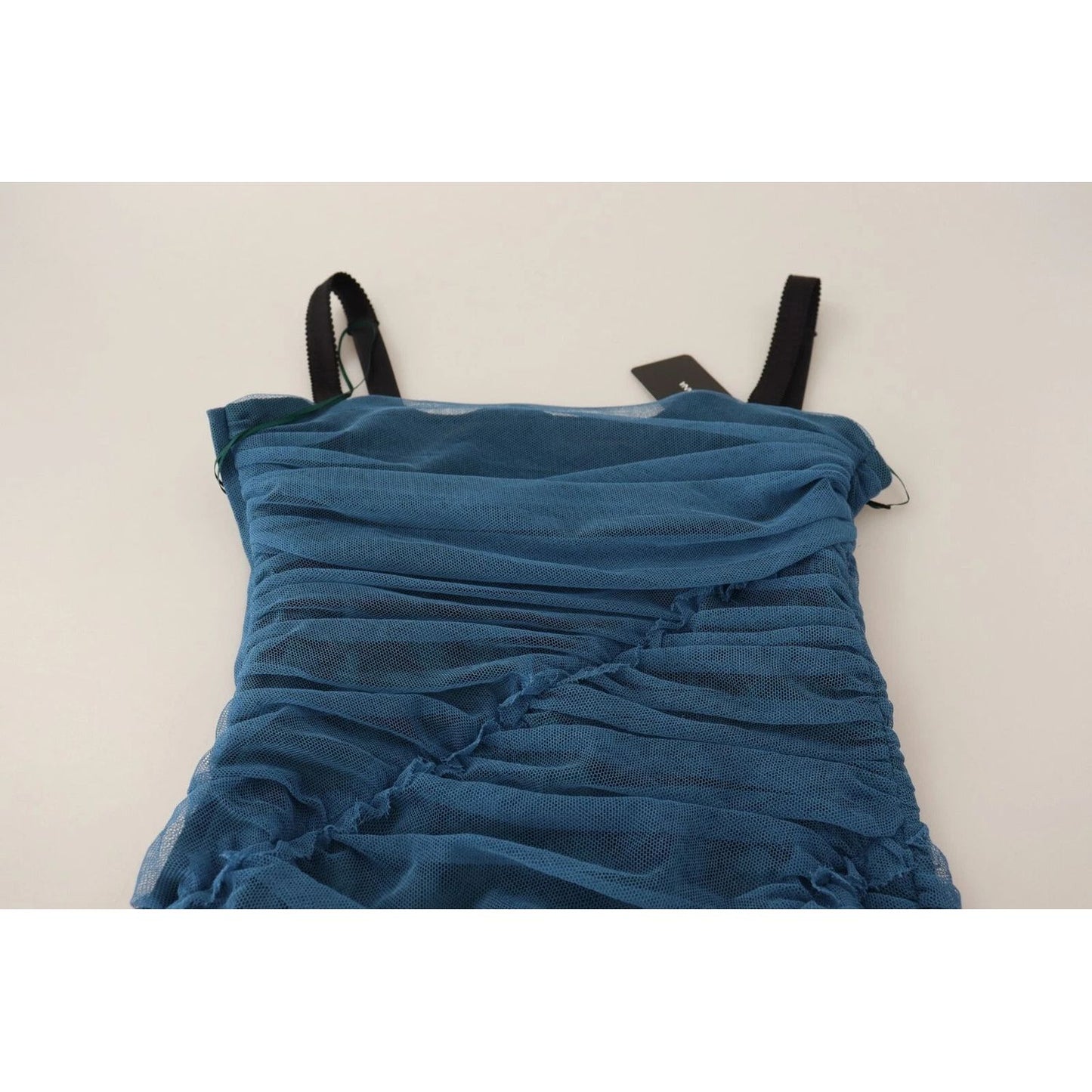 Dolce & Gabbana Blue Mesh Trim Ruched Tulle Sheath Dress DR28179-38