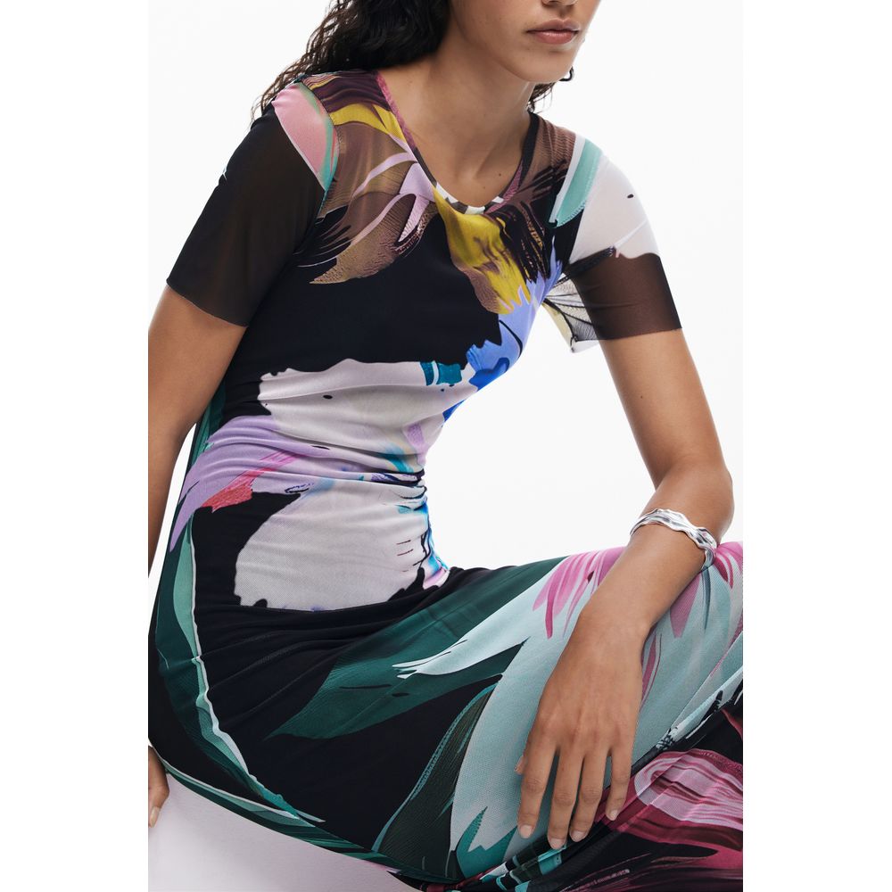 Desigual Black Polyester Women Dress with colorful patterns and short sleeves highlighting sophisticated and bold style.