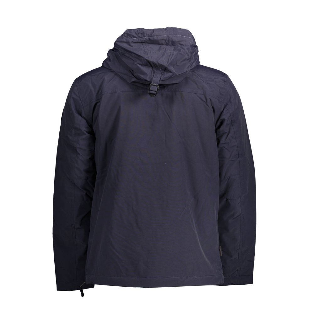 Back view of Napapijri Blue Polyamide Jackets & Coat featuring hood and central pocket.