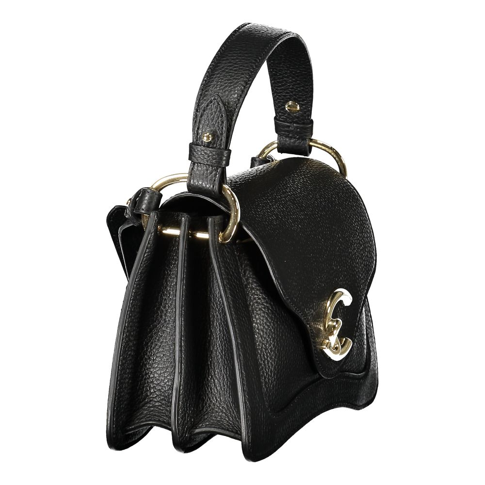 Coccinelle Black Leather Handbag with snap closure, adjustable strap, and logo, featuring contrasting details and internal pockets.