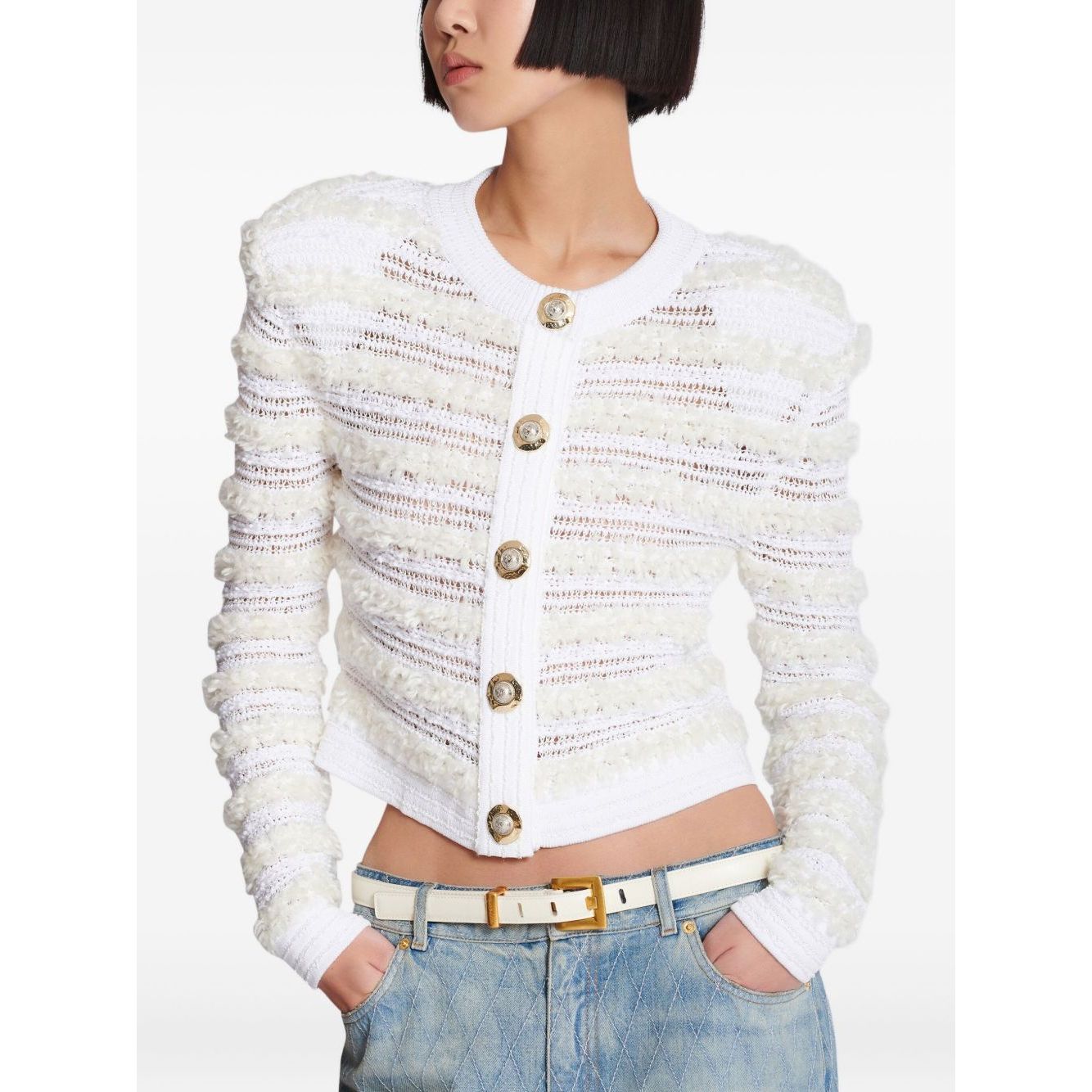 Balmain Long-sleeved tweed-effect knit cardigan