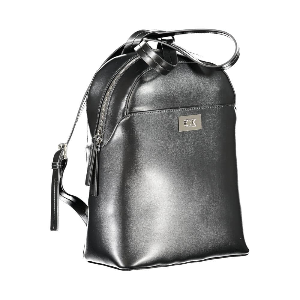 Calvin Klein Black Polyester Backpack with adjustable straps and logo, featuring external and internal pockets, recycled material.