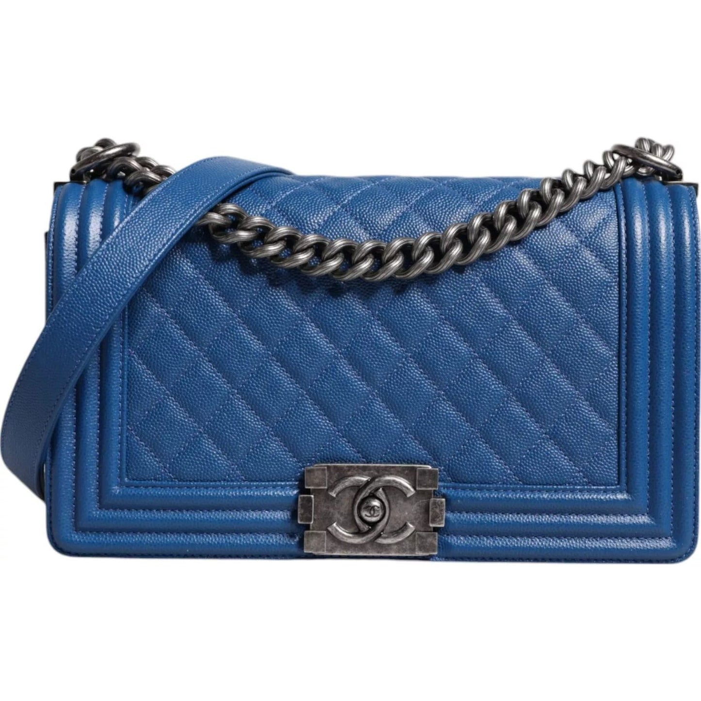 Chanel Blue Lambskin Double Chain Leather Medium Shoulder Bag CHA182