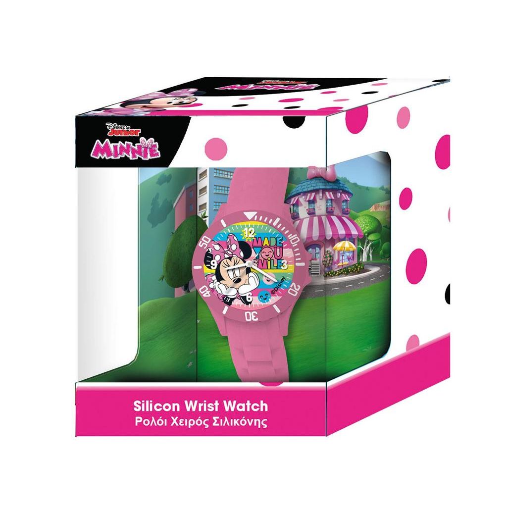 Pink Disney Minnie Mouse silicon wrist watch in pink polka dot packaging for kids.