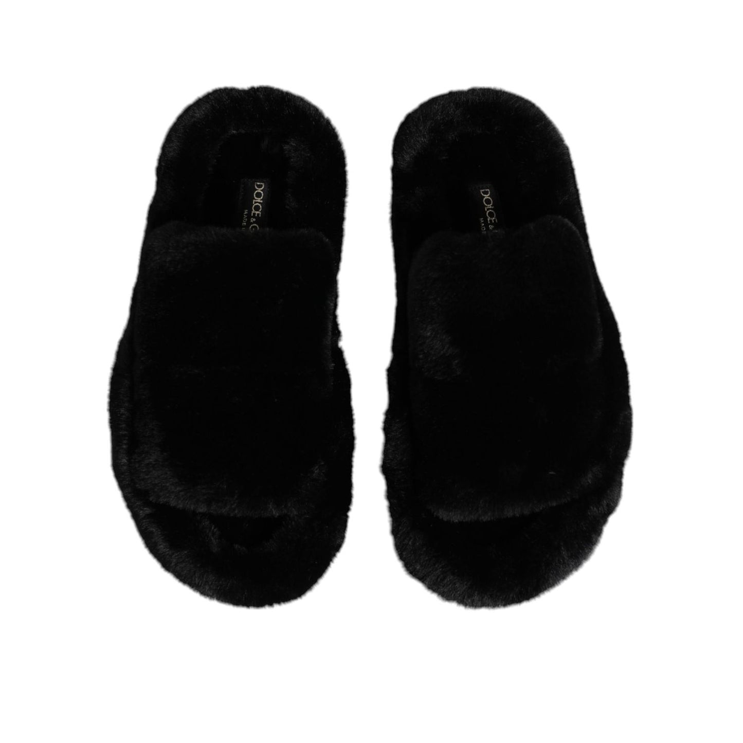 Dolce & Gabbana Black Faux Fur Flats Men Sandals Shoes