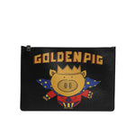 Dolce & Gabbana Black Leather Golden Pig Print Men Clutch Pouch Borse Bag BAG4680