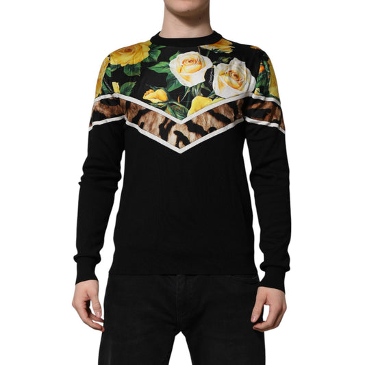 Dolce & Gabbana Black Silk Floral Crew Neck Pullover Sweater