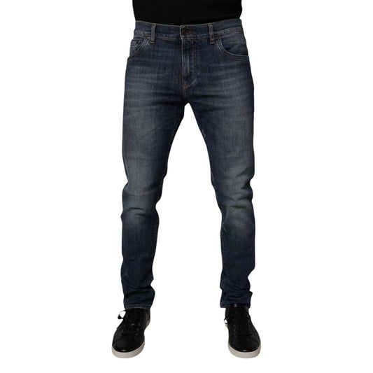Dolce & Gabbana Dark Blue Cotton Leather Skinny Denim Jeans