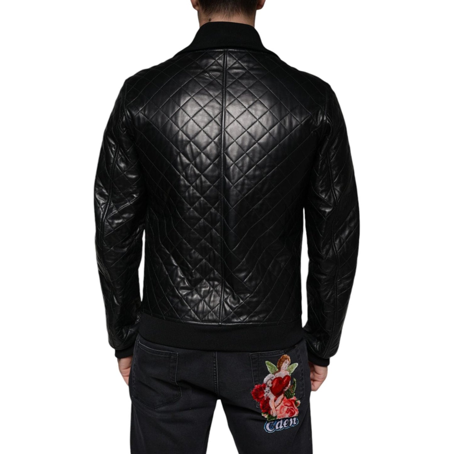 Dolce & Gabbana Black Calf Leather Quilted Full Zip Jacket JKT4086-48