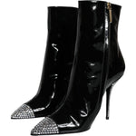 Dolce & Gabbana Black Patent Leather Crystal Heel Boots Shoes LA11273-39