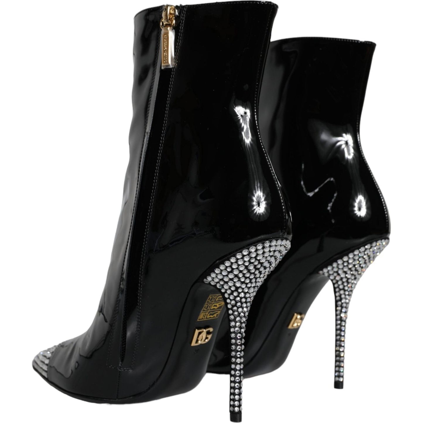 Dolce & Gabbana Black Patent Leather Crystal Heel Boots Shoes LA11273-39