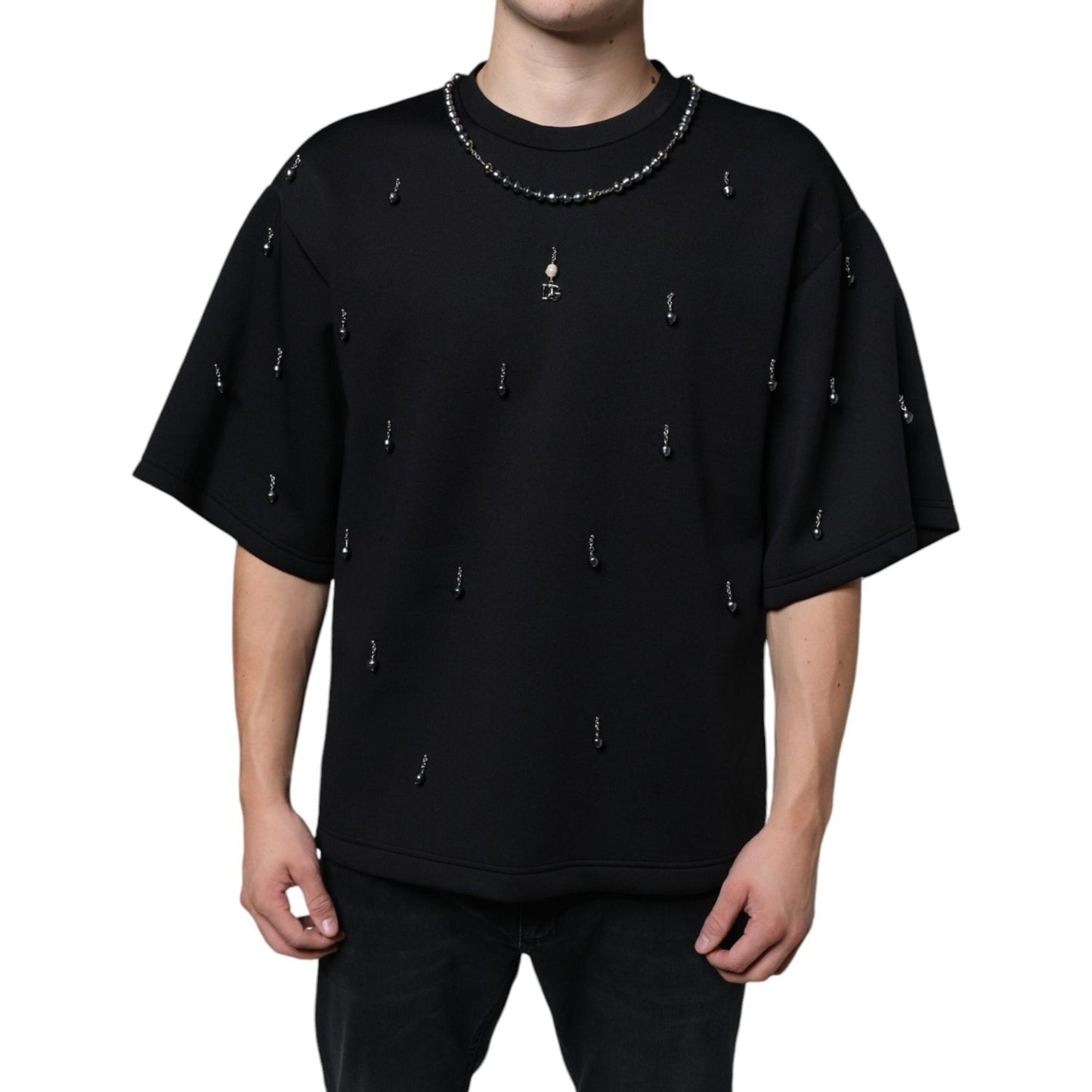 Dolce & Gabbana Black Polyester Necklace Embellished T-shirt TSH86644-48