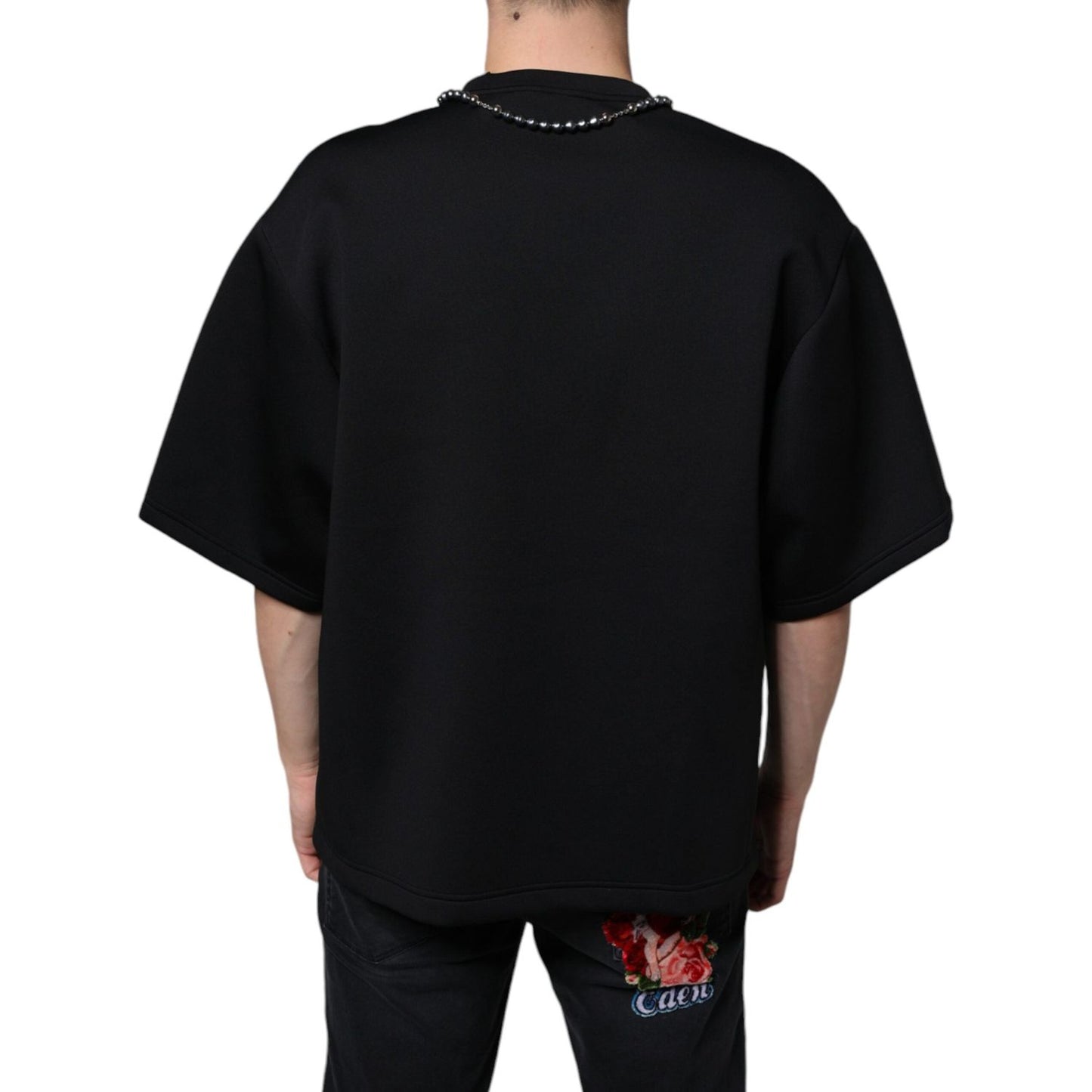 Dolce & Gabbana Black Polyester Necklace Embellished T-shirt TSH86644-48