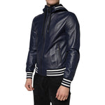 Dolce & Gabbana Dolce & Gabbana Blue Leather Full Zip Hooded Bomber Jacket JKT3902-46 1728,67345645728,Blue,Dolce & Gabbana,IT46 | S,Jackets - Men - Clothing,Material: 100% Lamb Leather,Men,Preowned / Defect